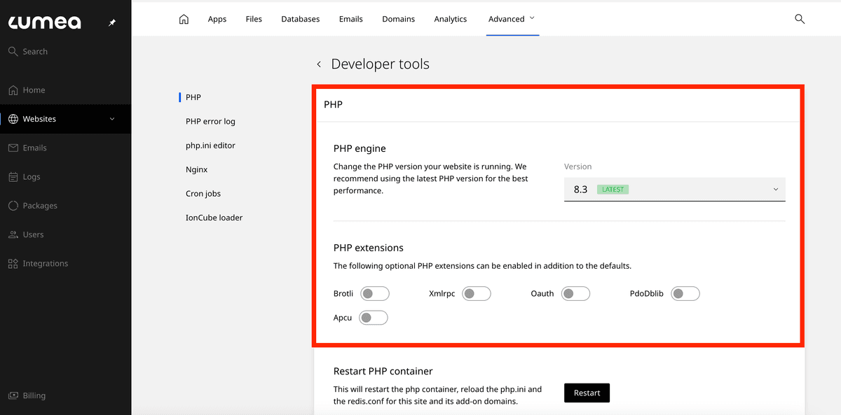 PHP version and modules